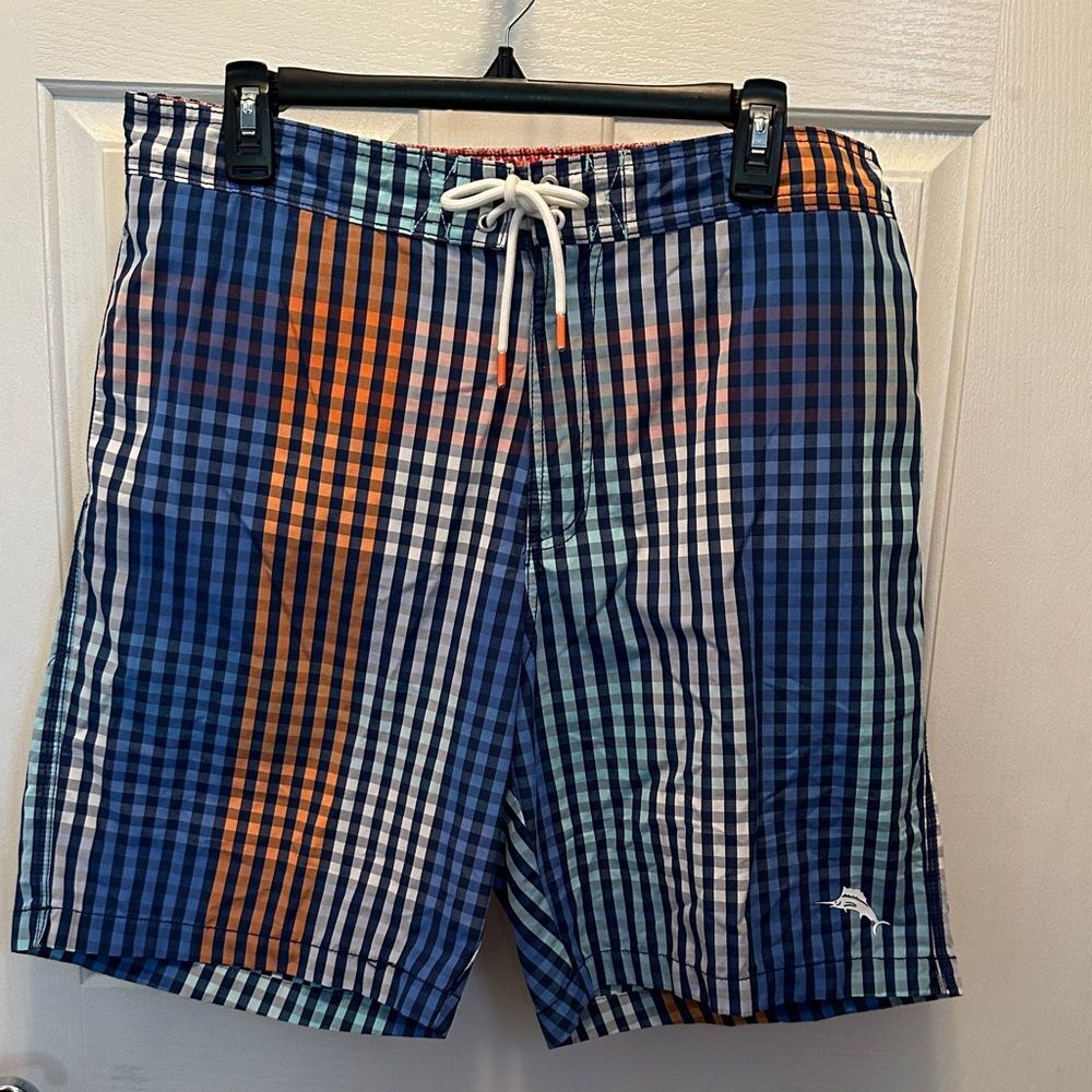 Tommy Bahama Blue and Orange Plaid Swim Shorts Size L